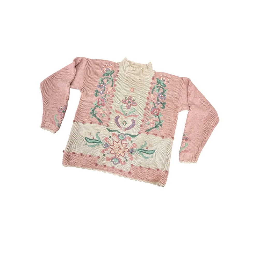 Vintage Ninon de Lenclos Sweater Women's‎ Lg Hand Knit Cottage Core Floral